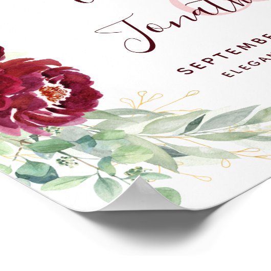 Modern Burgundy Floral Greenery Wedding Welkom Poster (Hoek)