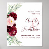Modern Burgundy Floral Greenery Wedding Welkom Poster (Voorkant)