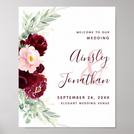 Modern Burgundy Floral Greenery Wedding Welkom Poster (Voorkant)