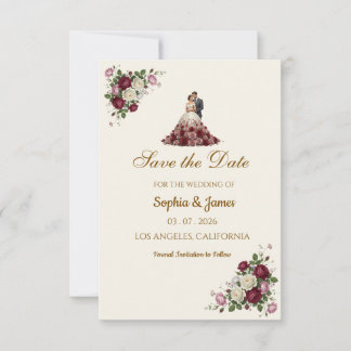 Modern Burgundy Floral Illustrated Photo Save the  Date