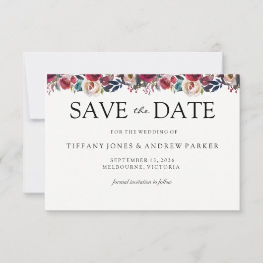 Modern burgundy Floral redt de date bruiloft Save The Date (Voorkant)