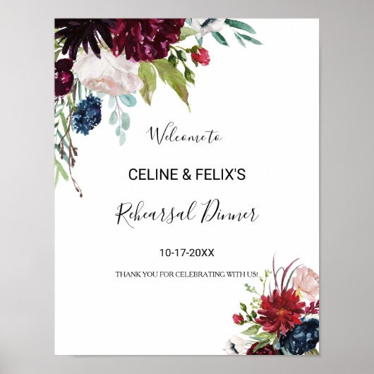 Modern Burgundy Floral Rehearsal diner Welkom Poster (Voorkant)