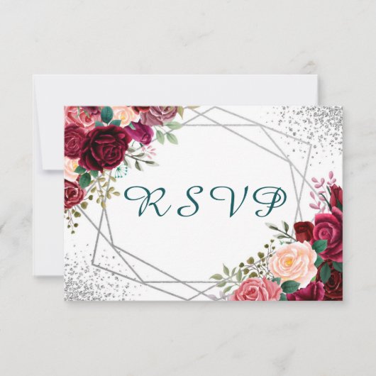 Modern Burgundy Floral Silver Confetti RSVP Kaartje (Voorkant)
