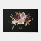 Modern Burgundy Floral Watercolor Monogram Black Deurmat (Voorkant)