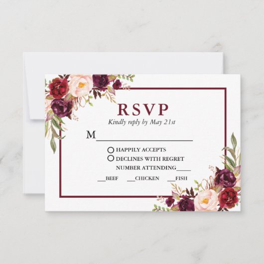 Modern Burgundy Floral Wedding Meal RSVP Kaartje (Voorkant)