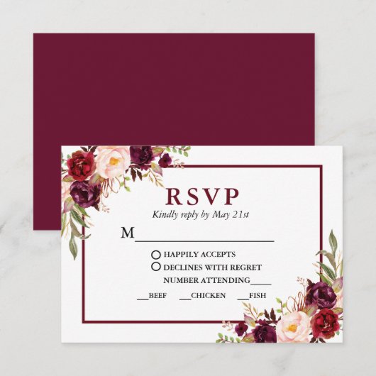 Modern Burgundy Floral Wedding Meal RSVP Kaartje (Voorkant / Achterkant)