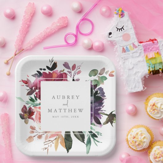 Modern Burgundy Floral Wedding Papieren Bordje (Feest)