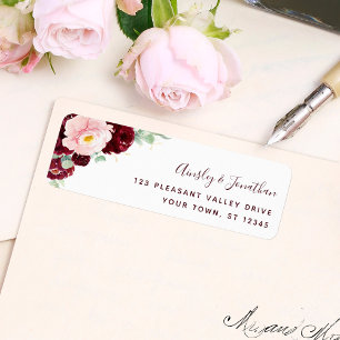 Modern Burgundy Floral Wedding Return Address Etiket