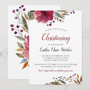 Modern Burgundy Flowers Baptism Christening Kaart