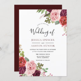 Modern Burgundy Flowers Elegant Wedding Invite Kaart