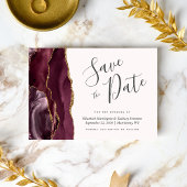 Modern Burgundy Gold Agate Blush Save the Date Kaart