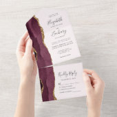 Modern Burgundy Gold Agate Blush Wedding All In One Uitnodiging (Afscheurbaar)