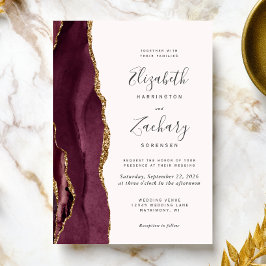 Modern Burgundy Gold Agate Blush Wedding Kaart