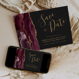 Modern Burgundy Gold Agate Dark Save the Date Kaar Kaart