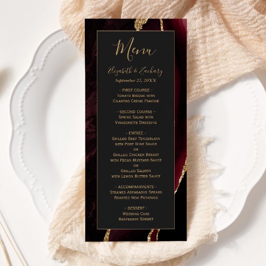 Modern Burgundy Gold Agate Dark WeddenMenu Menu