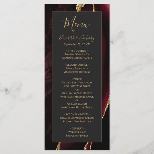 Modern Burgundy Gold Agate Dark WeddenMenu Menu (Voorkant)