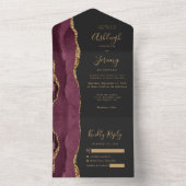 Modern Burgundy Gold Agate Dark Wedding All In One Uitnodiging (Binnen)