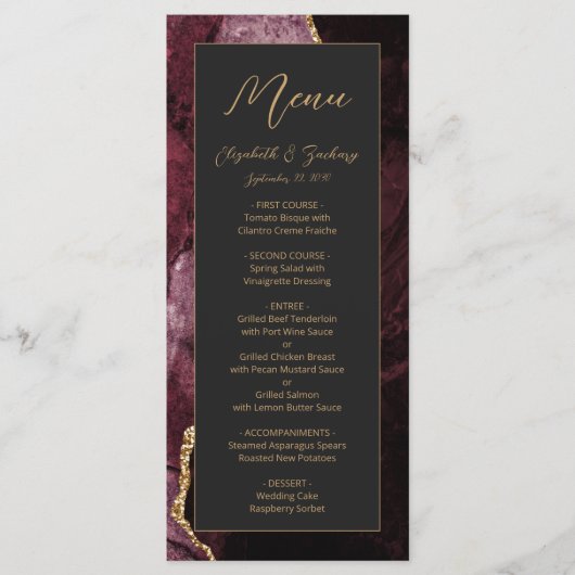 Modern Burgundy Gold Agate Dark Wedding Menu (Voorkant)