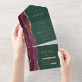 Modern Burgundy Gold Agate Green Wedding All In One Uitnodiging (Afscheurbaar)