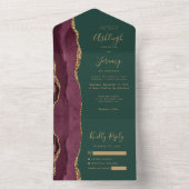 Modern Burgundy Gold Agate Green Wedding All In One Uitnodiging (Binnen)