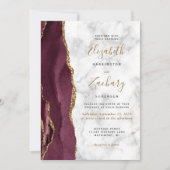 Modern Burgundy Gold Agate Marble Photo Wedding Kaart (Voorkant)