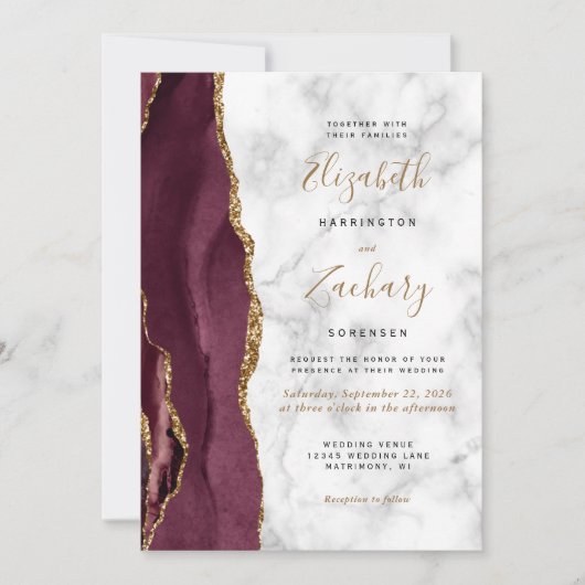 Modern Burgundy Gold Agate Marble Photo Wedding Kaart (Voorkant)