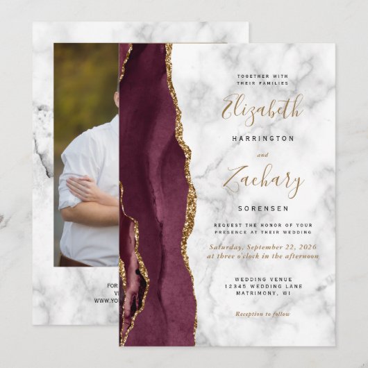 Modern Burgundy Gold Agate Marble Photo Wedding Kaart (Voorkant / Achterkant)