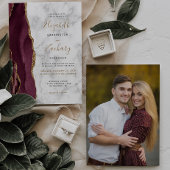 Modern Burgundy Gold Agate Marble Photo Wedding Kaart