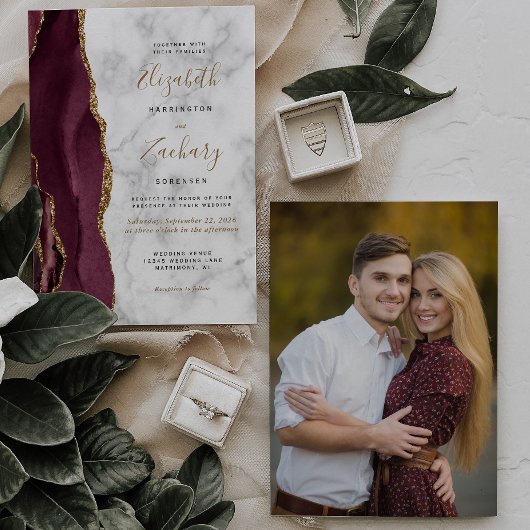 Modern Burgundy Gold Agate Marble Photo Wedding Kaart