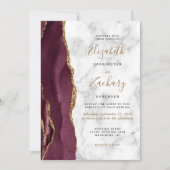 Modern Burgundy Gold Agate Marble Photo Wedding Kaart (Voorkant)