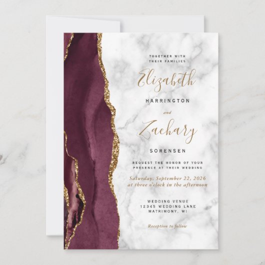Modern Burgundy Gold Agate Marble Photo Wedding Kaart (Voorkant)