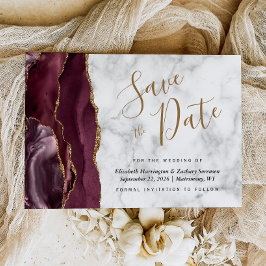 Modern Burgundy Gold Agate Marble Save the Date Kaart