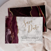 Modern Burgundy Gold Agate Marble Save the Date Kaart