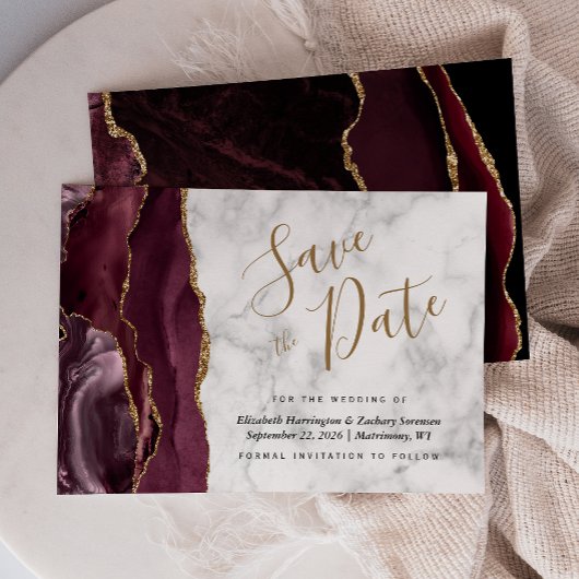Modern Burgundy Gold Agate Marble Save the Date Kaart