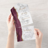 Modern Burgundy Gold Agate Marble Wedding All In One Uitnodiging (Afscheurbaar)