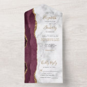 Modern Burgundy Gold Agate Marble Wedding All In One Uitnodiging (Binnen)
