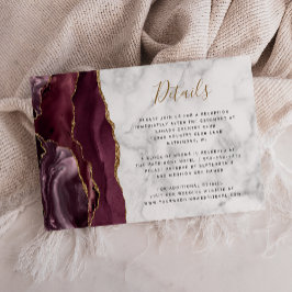 Modern Burgundy Gold Agate Marble Wedding Details Informatiekaartje