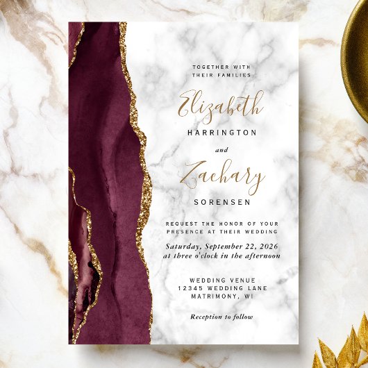Modern Burgundy Gold Agate Marble Wedding Kaart