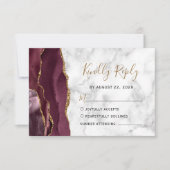 Modern Burgundy Gold Agate Marble Wedding RSVP Kaartje (Voorkant)