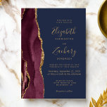 Modern Burgundy Gold Agate Navy Blue Wedding Kaart<br><div class="desc">De linkerrand van deze elegante moderne huwelijksuitnodiging is voorzien van een woedende waterverf aan de rand van een gouden faux glitter. De aanpasbare tekst combineert goudkleurige handschrift-,  copperplate- en cursieve lettertypen op een blauw marineklein. De achterzijde is voorzien van een passend glansvormig en goudvormig ontwerp.</div>