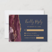 Modern Burgundy Gold Agate Navy Blue Wedding RSVP (Voorkant)