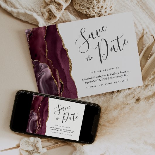 Modern Burgundy Gold Agate Save the Date Kaart