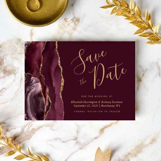 Modern Burgundy Gold Agate Save the Date Kaart