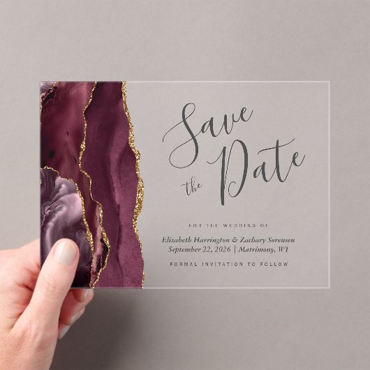 Modern Burgundy Gold Agate Save the Date Kaart Acryl Uitnodigingen (Insitu (Draagbaar))