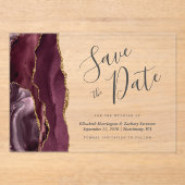 Modern Burgundy Gold Agate Save the Date Kaart Acryl Uitnodigingen (Voorkant)