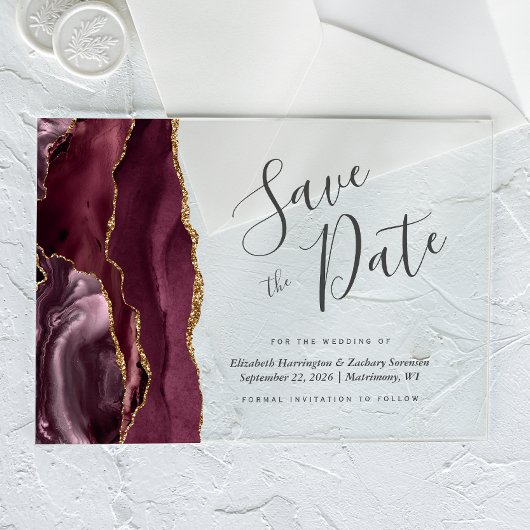 Modern Burgundy Gold Agate Save the Date Kaart Acryl Uitnodigingen