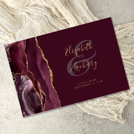 Modern Burgundy Gold Agate Script Gastenboek