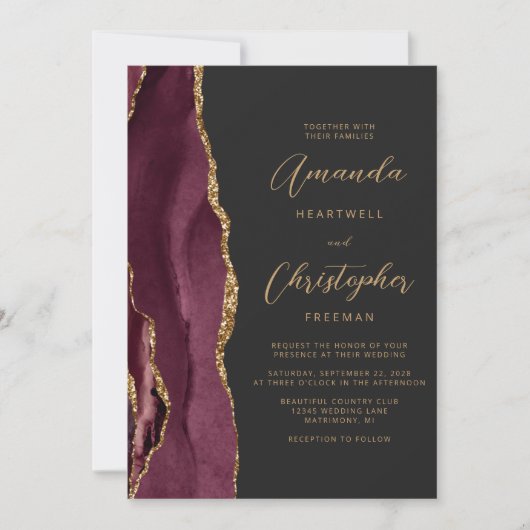 Modern Burgundy Gold Agate Script Slate Weddenscha Kaart (Voorkant)