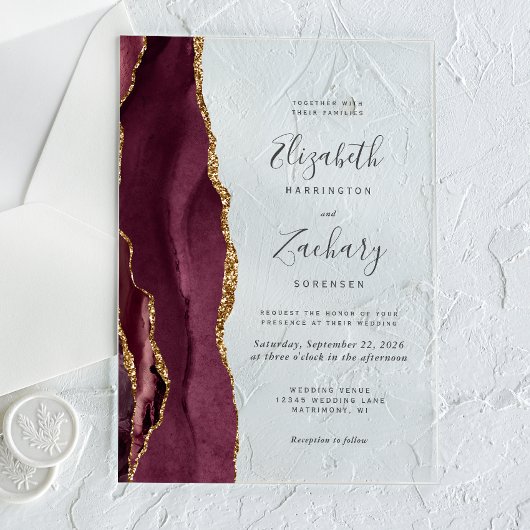 Modern Burgundy Gold Agate Wedding Acryl Uitnodigingen