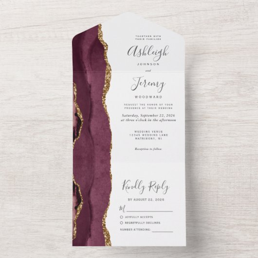 Modern Burgundy Gold Agate Wedding All In One Uitnodiging (Binnen)